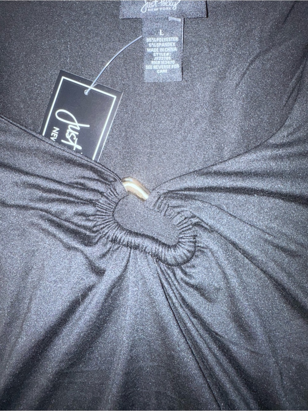 Just Polly Black Ruched Ring Front Stretch Top NWT Large - Picture 4 of 10